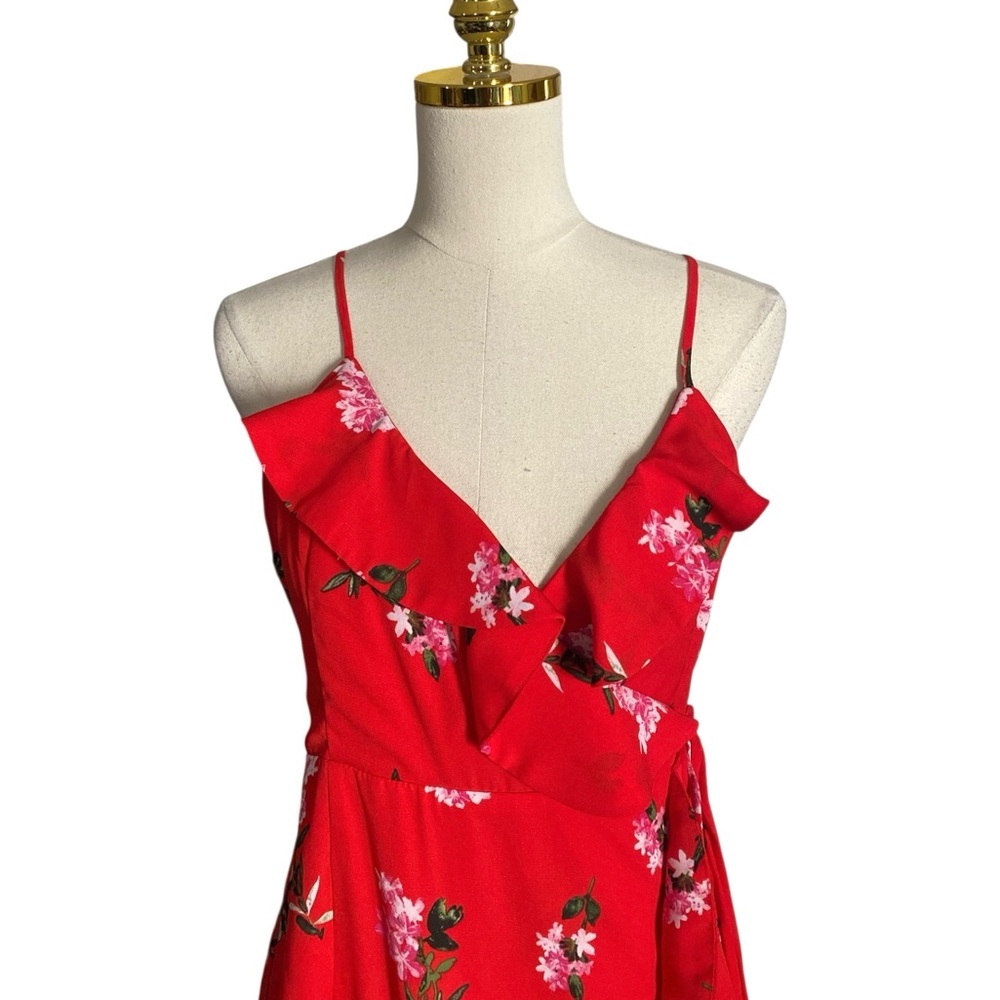 Lulus Women Red Floral Sleeveless Ruffled Wrap Flowy Prom Party Maxi Dress Sz M - Picture 9 of 10